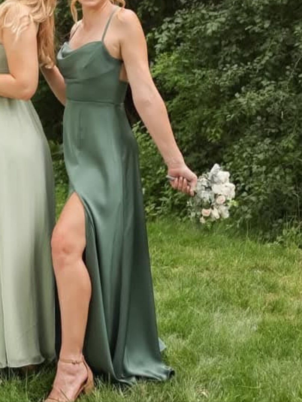 NWT Azazie Clove Bridesmaid Dress in Eucalyptus Stretch Satin